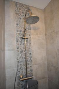 y baño con ducha con cabezal de ducha. en Gîte de montagne Le Lustou, en Sailhan