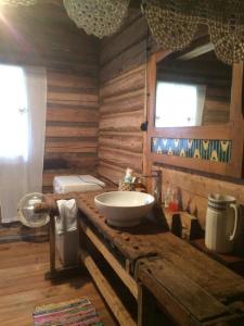 a bathroom with a sink on a wooden counter at Ferienhaus in Zawada mit Grill und Terrasse 