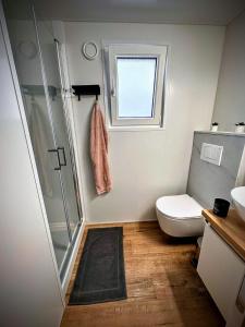 a bathroom with a shower and a toilet and a window at Mobile home TASHA in Biograd na Moru