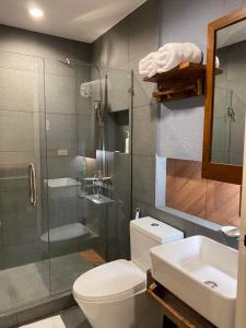 ein Bad mit einem WC, einer Dusche und einem Waschbecken in der Unterkunft Acacia Garden Inn in Coron