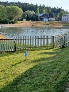 ein kleines Kind steht im Gras neben einem Zaun in der Unterkunft Beide Ferienwohnungen befinden sich direkt am kleinen Bergsee mit Blick auf den Wald in Mariánská