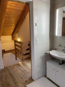 een badkamer met een wastafel en een toilet in een kamer bij Top - Rustico mit Aussenwhirlpool beheizt und Sauna in Dongio