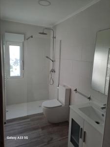 a bathroom with a toilet and a shower and a sink at Dulce hogar in Miengo
