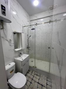 a bathroom with a toilet and a glass shower at Dom Shohon in Dushanbe