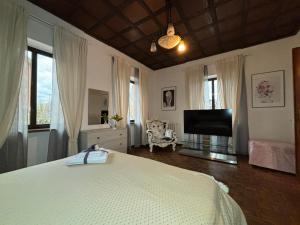 a bedroom with a bed and a flat screen tv at Villanova d'Asti Charming House with barbecue by Alterego in Villanova dʼAsti