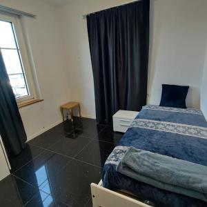um quarto com uma cama e uma janela com um cobertor azul em Butthouse Apartments em Trimbach