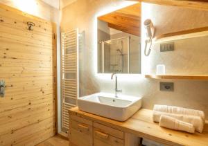 a bathroom with a sink and a mirror at Baita Stabli-Rifugio Luxury a 1700 mt in Mezzana