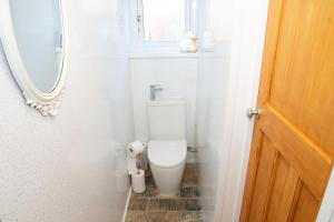 a white toilet in a bathroom with a mirror at Lily's Place in Cleethorpes
