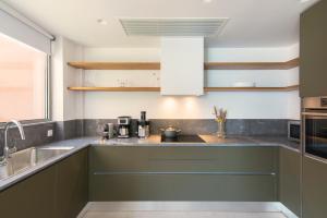 uma cozinha com armários verdes e um lavatório em Plethora Luxury Suites em Rodhiá