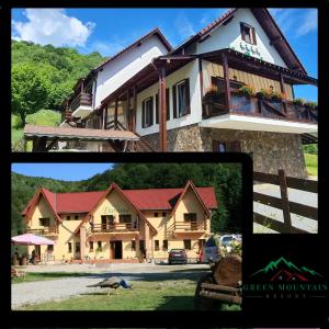 dos fotos de una casa con un pájaro delante de ella en Green Mountain Resort, en Scrind-Frăsinet