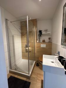 a bathroom with a shower and a sink at Ferienwohnungen Stilschön in Warnemünde +26 photos