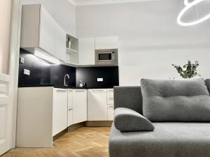 een woonkamer met een bank en een keuken bij Stylish Apartment - in the Center in Wenen