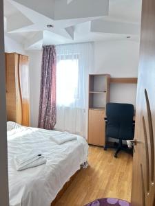 - une chambre avec un lit, un bureau et une chaise dans l'établissement Special apartment NADEVA, à Suceava