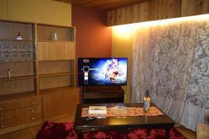 a living room with a tv and a coffee table at Traditional House Rovaniemi in Rovaniemi