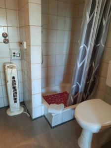 La salle de bains est pourvue d'une douche, de toilettes et d'une baignoire. dans l'établissement Ferienhaus Keller, à Freyung