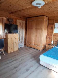 Schlafzimmer mit einem Bett und einem Flachbild-TV in der Unterkunft Ferienhaus Keller in Freyung