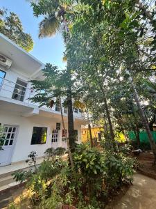 a white house with trees in front of it at Euphoria Stays in Anjuna in Anjuna