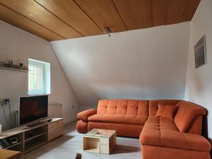 a living room with a couch and a tv at Ferienwohnung Auf der Heide in Großschönau