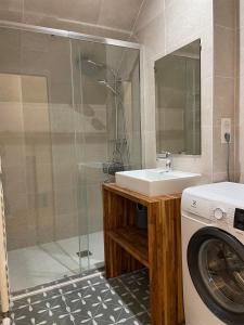 a bathroom with a sink and a washing machine at Les logis du Parc in Bullion
