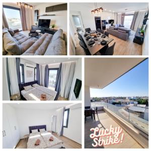 a collage of photos of a living room and dining room at Lucky Strike Apartment in Nicosia