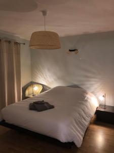 a bedroom with a white bed with a robe on it at Domaine Rosfelder - locations de gîte et cabane insolite in Gertwiller