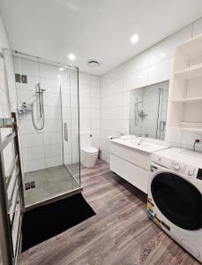 a bathroom with a shower and a sink and a washing machine at Spacious & Luxurious Newtown Central in Wellington