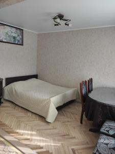 ヴィーンヌィツャにあるАпартаменты на Магистрацкой Центрのベッドルーム(ベッド1台、テーブル付)