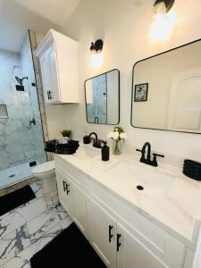 a bathroom with a sink and a toilet and a mirror at Luxury Urban Oasis -10 Mins to NRG, Med Ctr & DT! in Houston
