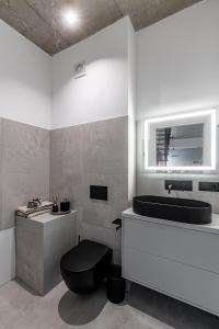 La salle de bains est pourvue d'une baignoire, de toilettes et d'un lavabo. dans l'établissement Apartment in Reformatai palace, à Vilnius