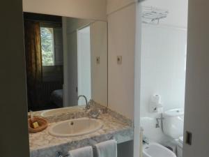 een badkamer met een wastafel, een toilet en een spiegel bij Hotel Xalet la Coromina in Viladrau