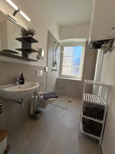 ein Badezimmer mit Waschbecken, Dusche und Spiegel in der Unterkunft CityLake G23 Apartments mit kostenlosem Parkgaragen-Stellplatz !! in Gmunden