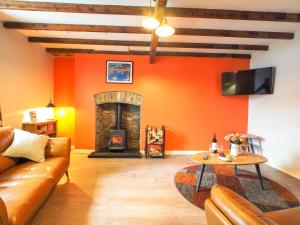 a living room with orange walls and a fireplace at Bryndalis Ciliau Aeron in Ciliau-Aeron