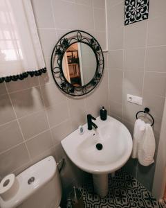 ein Badezimmer mit einem Waschbecken, einem WC und einem Spiegel in der Unterkunft Casa Rural VUT El Rincón de Eulogio in El Torno