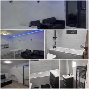 a collage of photos of a bathroom with a tub and a sink at Remarkable 3-Bed Apartment in London in Hendon