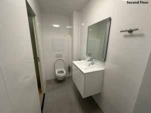 een badkamer met een toilet, een wastafel en een spiegel bij Voyagers Amsterdam in Amsterdam