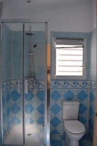 y baño azul con aseo y ducha. en Habitation Pineau, en Deshaies