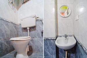 Duas fotografias de uma casa de banho com WC e lavatório. em FabExpress Sparrow Fern Palace em Ooty