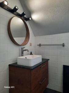 ein Badezimmer mit einem weißen Waschbecken und einem Spiegel in der Unterkunft Studio Apartment in Kurstadt Baden in Baden