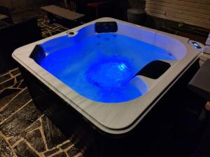 eine blaue Badewanne auf dem Boden in der Unterkunft Suuri talo Kaskisaaressa lähellä Helsingin keskustaa in Helsinki