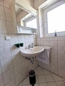 ein Bad mit einem Waschbecken, einem Spiegel und einem Fenster in der Unterkunft Ferienwohnung in Diemelsee in Diemelsee