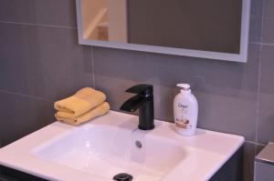 a bathroom sink with a faucet and a bottle of soap at Spires studio in Dublin