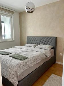 een slaapkamer met een bed met een grijs hoofdeinde bij Apartment TT Jahorina in Jahorina