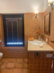 La salle de bains est pourvue d'un lavabo et d'une fenêtre. dans l'établissement Quinta dos Cedros l Turismo Rural, à Covilhã