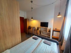 a bedroom with a bed and a table and a television at METRO Pokoje & Parking in Sopot