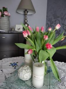 dos jarrones blancos con flores rosas en una mesa en Nr 4 EUROPA22 Hostel z wanną i balkonem PARKING 24h Quick Check-in 90 metrów kw, en Tomaszów Mazowiecki