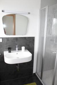 ein Badezimmer mit einem weißen Waschbecken und einer Dusche in der Unterkunft Ferienwohnung in Philippsreut mit Terrasse, Garten und Grill in Philippsreut