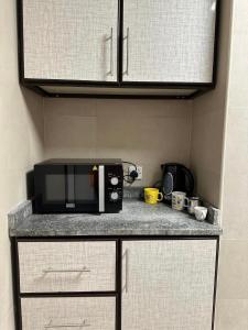 un microondas sentado en una encimera en una cocina en Palm Inn Hostel 2024, en Dubái