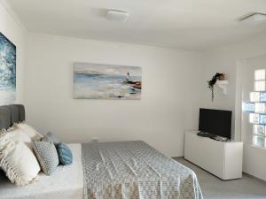 una camera bianca con letto e televisore di Apartman Iva a Novalja (Novaglia)