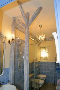 a bathroom with a shower and a toilet and a chandelier at Lavanda e Rosmarino in Sandigliano