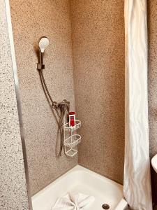 a bath tub with a shower in a bathroom at Gästehaus Spoth in Rust